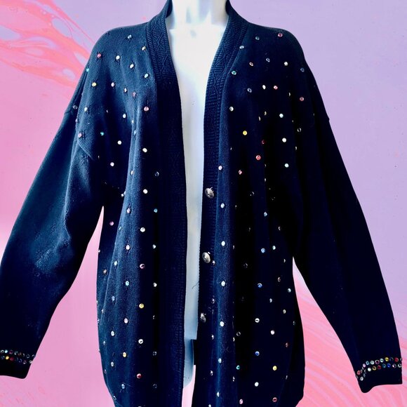 DONYA Z NEW YORK Vintage 80's Black Cardigan Sweater BLING - Picture 13 of 14